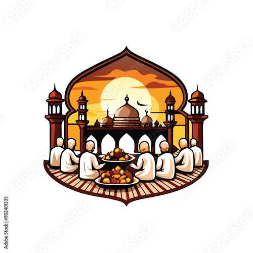 Create a realistic vector illustration of a mosque courtyard filled with people having a meal.