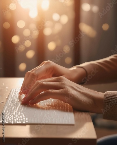 Celebrating World Braille Day, hands of a person on a braille script  photo