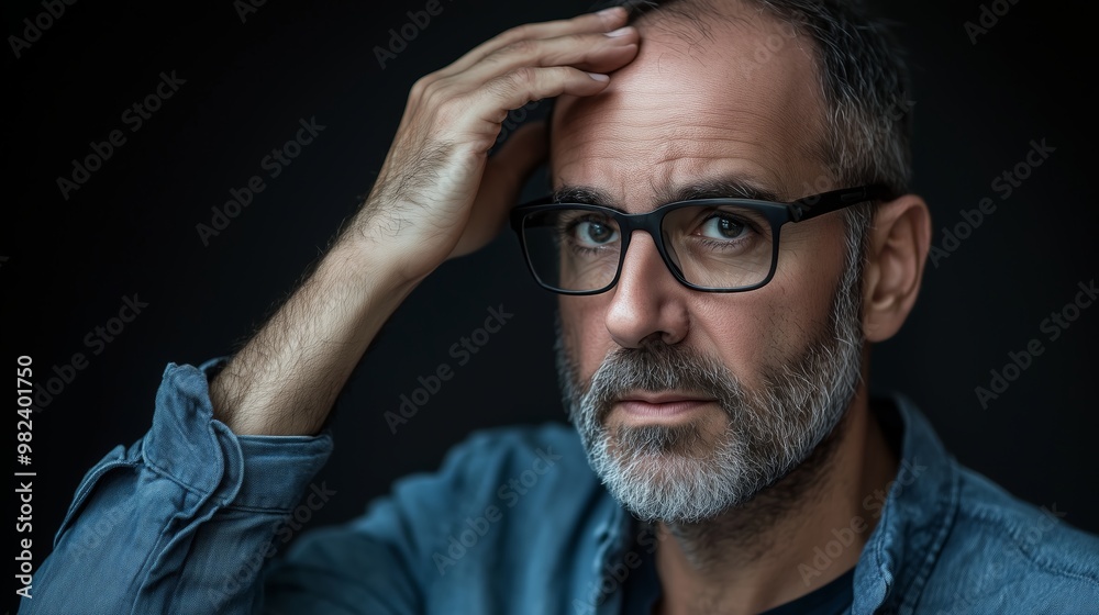 Obraz premium Thoughtful man wearing glasses with a beard, looking pensive while holding his forehead in a low-lit setting