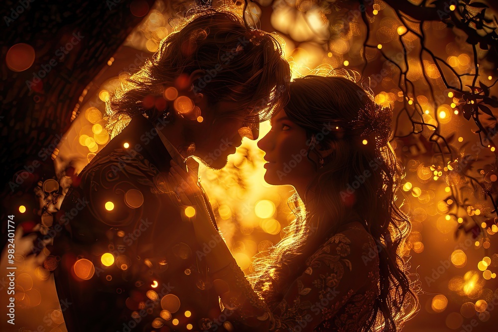 silhouette of a couple embracing under a tree, with the sun setting ...