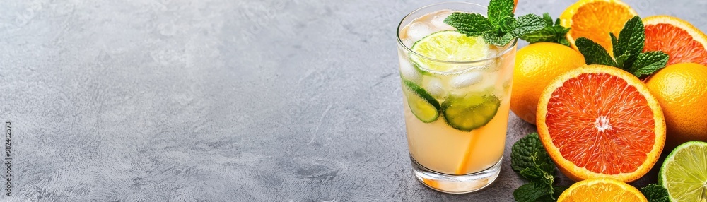 Refreshing citrus drink with mint, garnished with lime slices. Perfect for summer enjoyment and healthy hydration. Refreshing citrus drink with mint, garnished with lime slices. Perfect for summer enjoyment and healthy hydration.