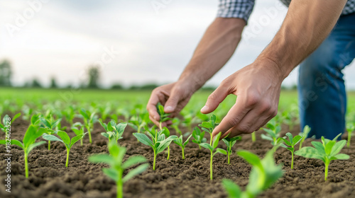 Man examining young plants in a rural field, focused on crop health, modern farming and environmental sustainability, overcast day, copy space