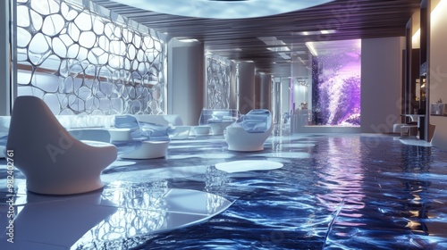 3D Scene of Corporate Lounge Area with Digital Art Installations and Glass Floors Revealing Flowing Water Beneath photo