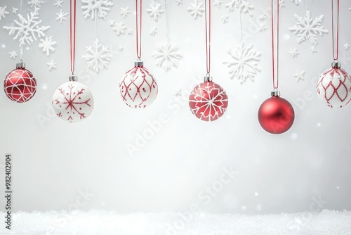 Red and White Christmas Ornaments Hanging with Snowflakes Against a White Background photo