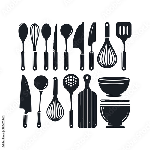 Set of kitchen utensils silhouette vector art illustration on a white background