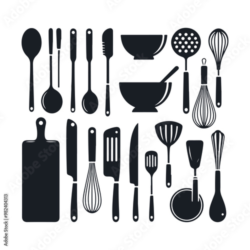 Set of kitchen utensils silhouette vector art illustration on a white background