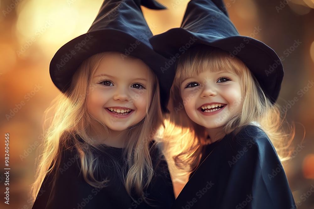 Joyful Halloween Smiles from Two Little Witches in Black Hats Embracing the Festive Spirit Joyful Halloween Smiles from Two Little Witches in Black Hats Embracing the Festive Spirit