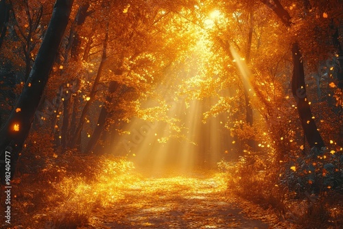 enchanted autumn forest path winds through golden foliage misty sunbeams filter through canopy creating ethereal atmosphere of seasonal transformation