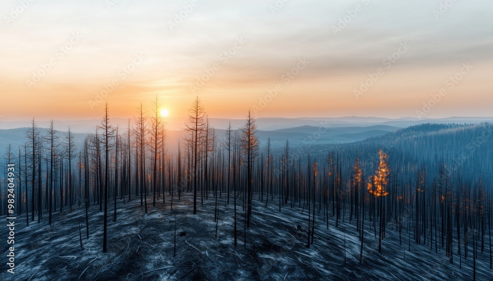 Fototapeta premium A stunning view of a sunset over a burned landscape, showcasing charred trees and the resilience of nature after a wildfire.