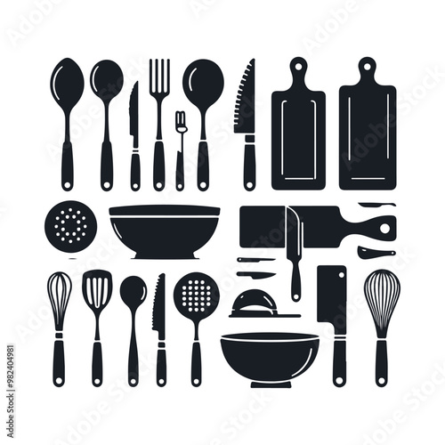 Set of kitchen utensils silhouette vector art illustration on a white background