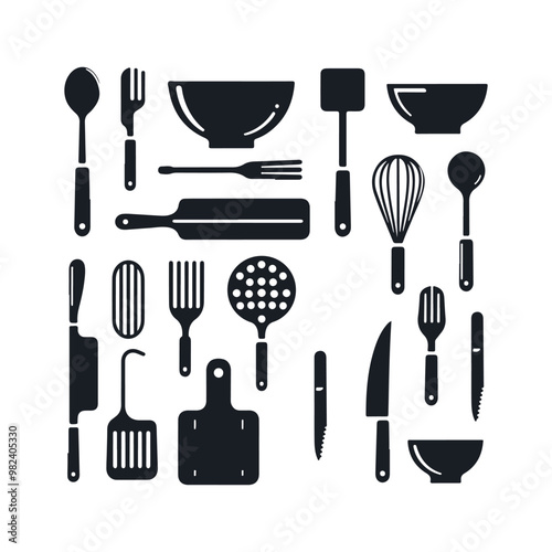Set of kitchen utensils silhouette vector art illustration on a white background