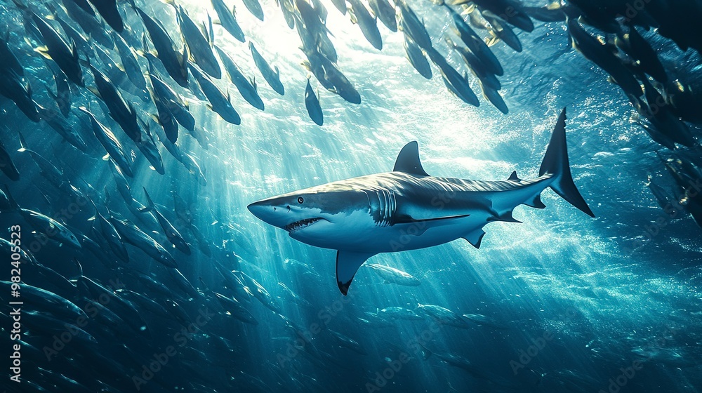Fototapeta premium An agile mako shark darting through a school of shimmering fish, its streamlined form contrasting against the abstract patterns of light and shadow, with copy space.