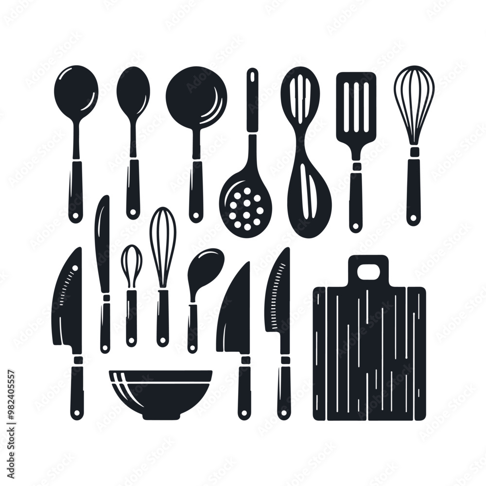 Set of kitchen utensils silhouette vector art illustration on a white background Set of kitchen utensils silhouette vector art illustration on a white background