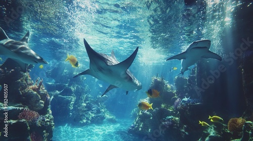 Sharks and Ray in an Aquarium