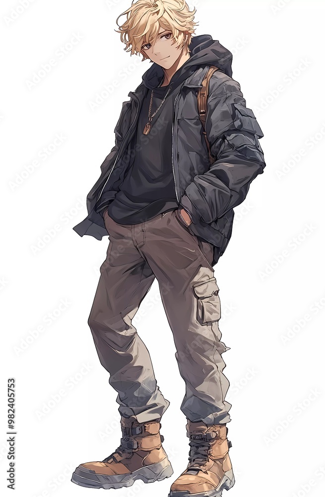 An anime-style illustration of an adult male in casual . He is wearing boots and has short blonde hair. An anime-style illustration of an adult male in casual . He is wearing boots and has short blonde hair.