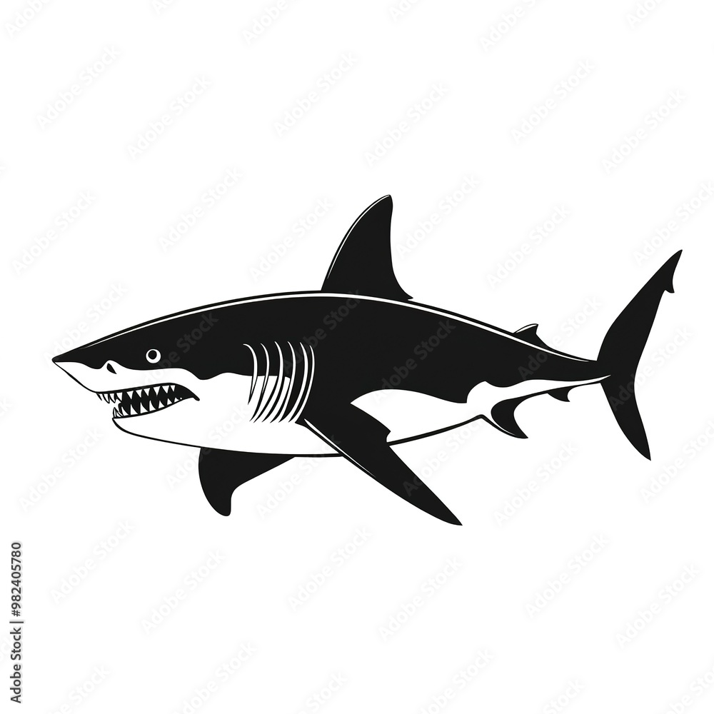 Fototapeta premium Shark. Large predatory sea fish. Silhouette. Vector stock illustration. White isolated background. Flat style. Underwater monster with toothy jaw. World Oceans Day. Dangerous inhabitant of the depths