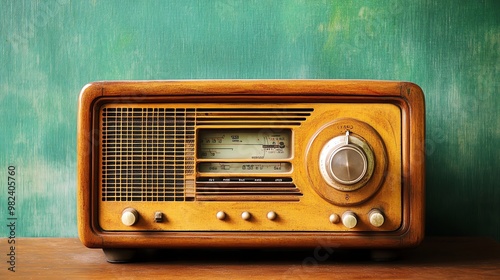 A vintage wooden radio on a table.