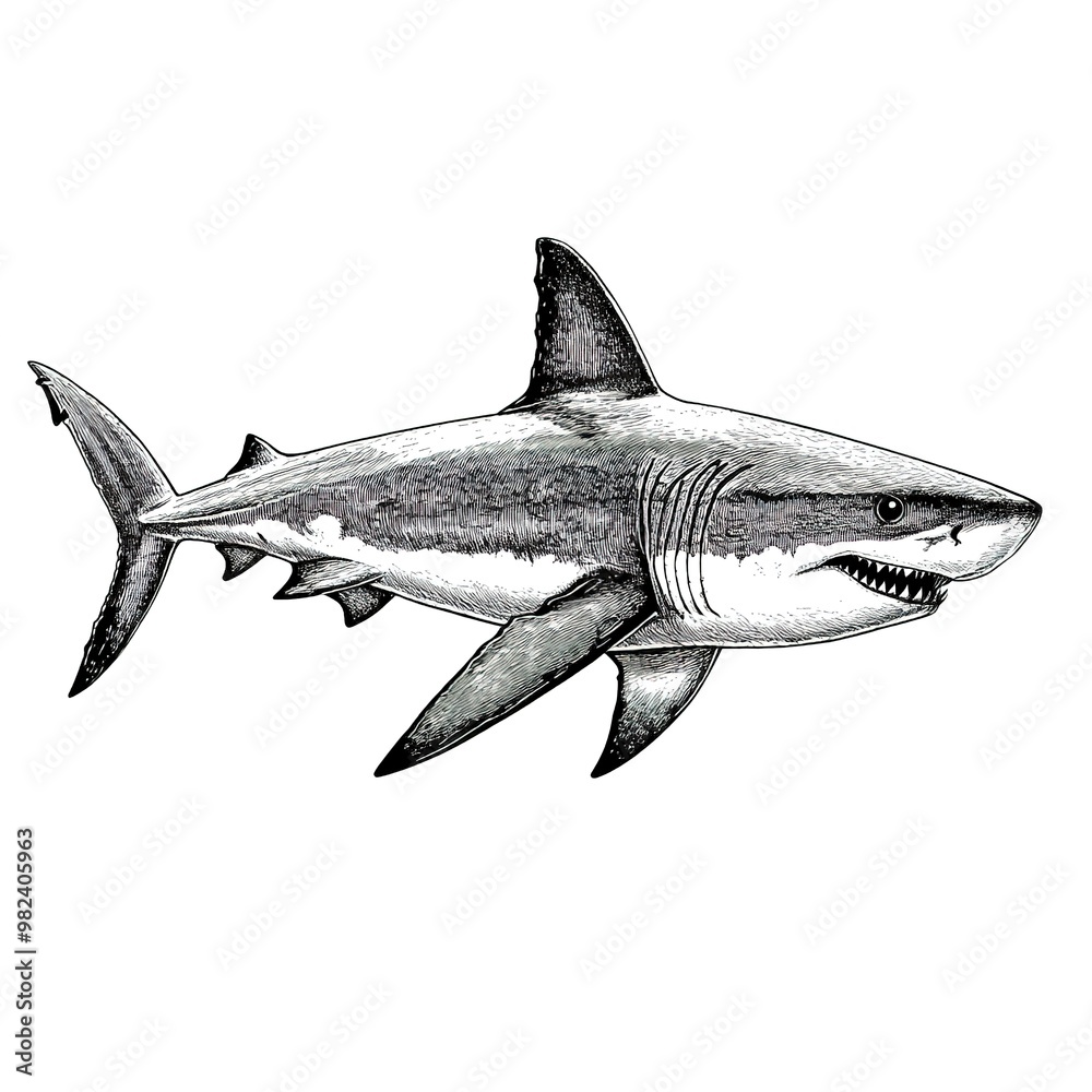 Fototapeta premium Great white shark swimming drawing, black shark hunting prey. on white background 