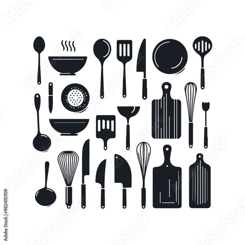 Set of kitchen utensils silhouette vector art illustration on a white background