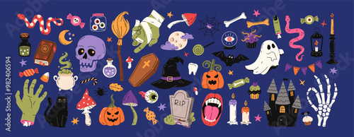 Big vector set Halloween elements: pumpkin, skull, castle, coffin, grave, bat, black cat, bone, skeleton. Hand drawn flat illustration. Halloween items for greeting card, scrapbooking, stickers, print photo