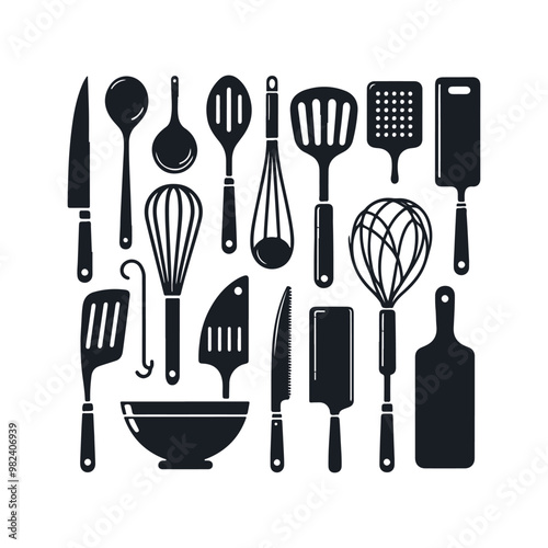 Set of kitchen utensils silhouette vector art illustration on a white background