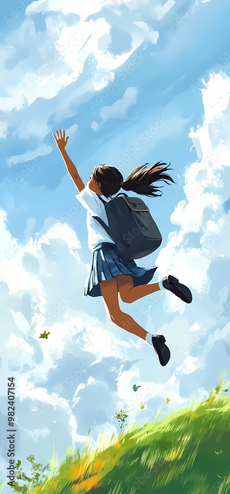 An illustration of a schoolgirl wearing a uniform throwing her backpack into the sky, with a blue cloudy sky and green grass on the ground. An illustration of a schoolgirl wearing a uniform throwing her backpack into the sky, with a blue cloudy sky and green grass on the ground.