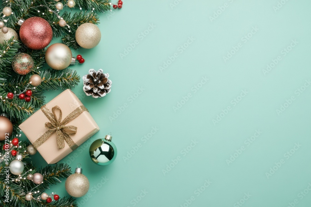 Christmas ornaments, gift, pine cone and fir branches on a turquoise background Christmas ornaments, gift, pine cone and fir branches on a turquoise background