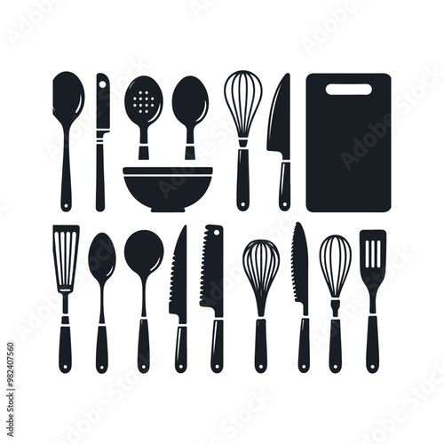 Set of kitchen utensils silhouette vector art illustration on a white background