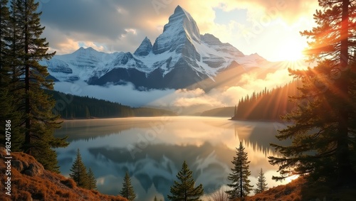 Majestic Mountain Sunrise with Foggy Lake Reflection