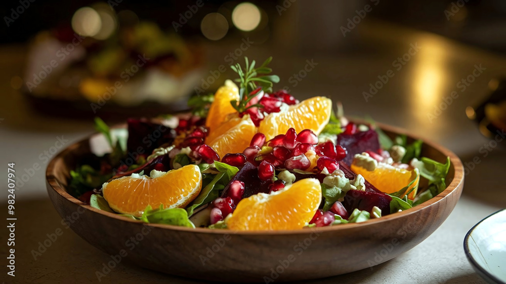A vibrant winter salad with fresh fruit and vegetables in a bowl, with a soft restaurant background. A vibrant winter salad with fresh fruit and vegetables in a bowl, with a soft restaurant background.