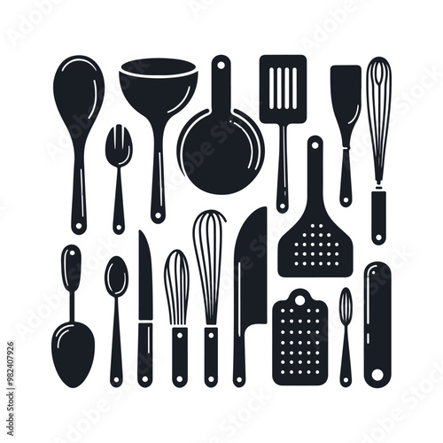 Set of kitchen utensils silhouette vector art illustration on a white background