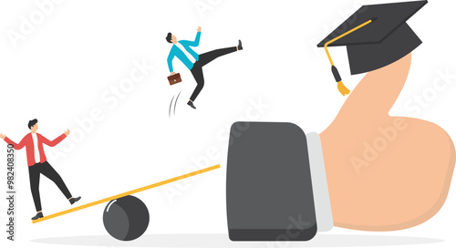 Getting higher and better academics and education, self-study education and self-improvement, businessmen climbing ladders to climb to pick the graduation cap on their giant thumbs
