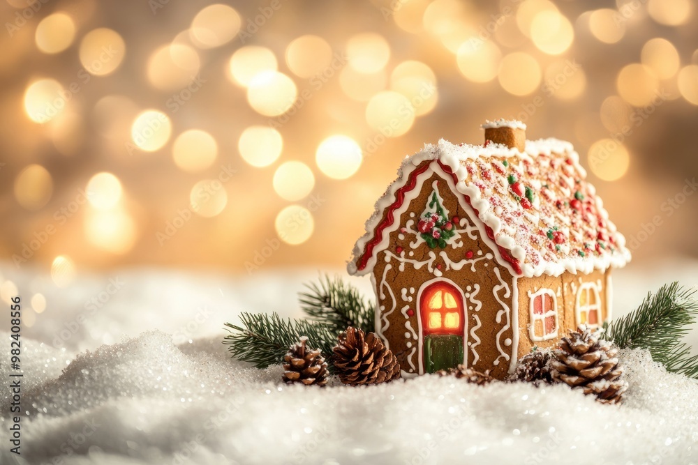 A gingerbread house in the snow with pine branches and a warm glow from the window. A gingerbread house in the snow with pine branches and a warm glow from the window.