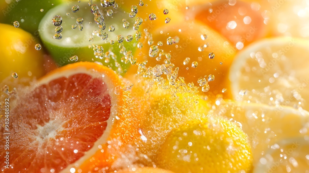 A close-up of citrus fruits being sliced reveals their juicy, vibrant interiors with droplets of juice spraying out. The bright, lively colors of the oranges, lemons, and limes contrast with 