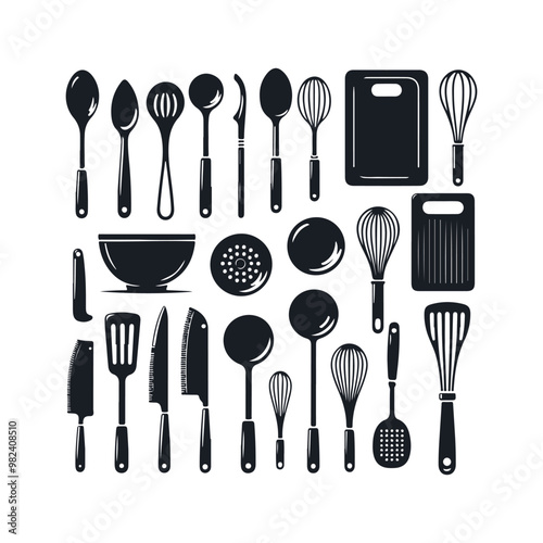 Set of kitchen utensils silhouette vector art illustration on a white background