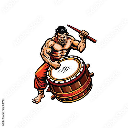 A detailed vector illustration of a taiko drummer in the middle of a performance.