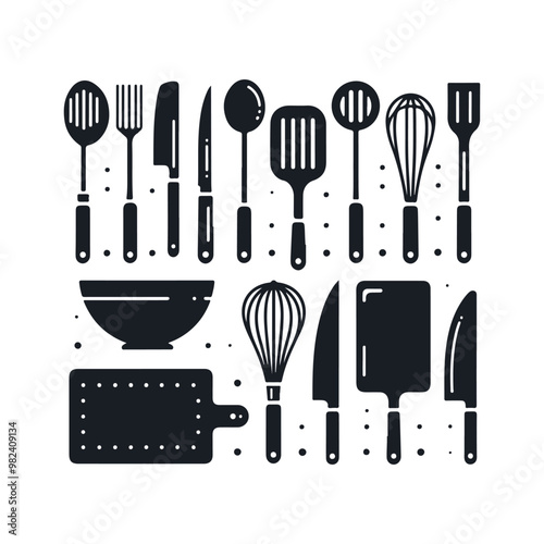 Set of kitchen utensils silhouette vector art illustration on a white background