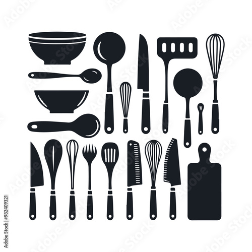 Set of kitchen utensils silhouette vector art illustration on a white background