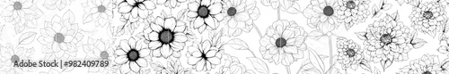 A seamless pattern with black outline flowers and leaves on white background. For textiles, wallpaper, wrapping papers, greeting cards, prints, greeting pages. Monochrome. Vector.