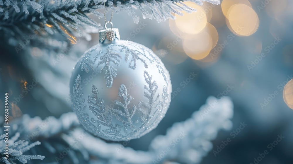 A close-up of a beautiful silver Christmas ornament hanging on a frosted tree branch, radiating festive cheer in soft light.