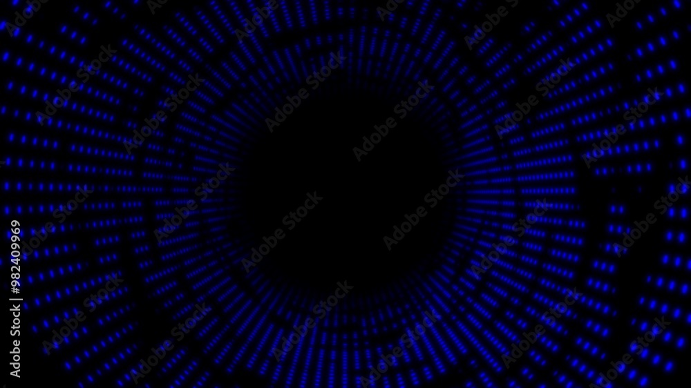 Blue color glowing circular dots halftone design hi-tech loop able 3D tunnel on black background Blue color glowing circular dots halftone design hi-tech loop able 3D tunnel on black background