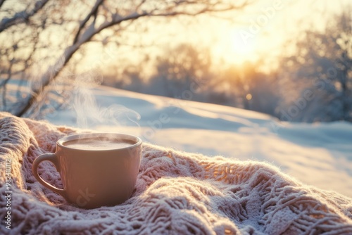 A steaming cup of coffee on a cozy knitted blanket in a wintery landscape photo