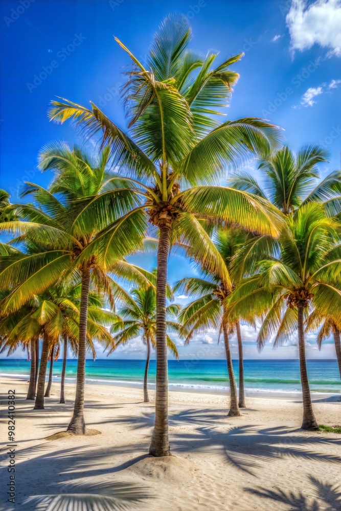 palm trees with blue sky background.tropical beach with palm trees and sea palm trees with blue sky background.tropical beach with palm trees and sea