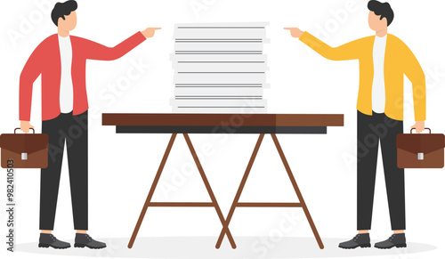 Two businessmen quarreling and accusing each other at isometric desk

