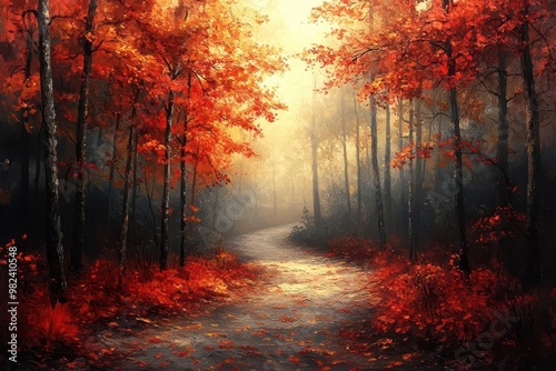 ethereal autumnal forest scene misty golden light filtering through vibrant red and orange leaves impressionistic brushstrokes dreamy atmosphere soft focus on a winding path