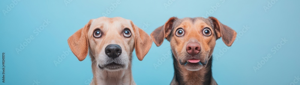 Two adorable dogs with expressive faces pose together against a blue background, showcasing their unique personalities. Two adorable dogs with expressive faces pose together against a blue background, showcasing their unique personalities.