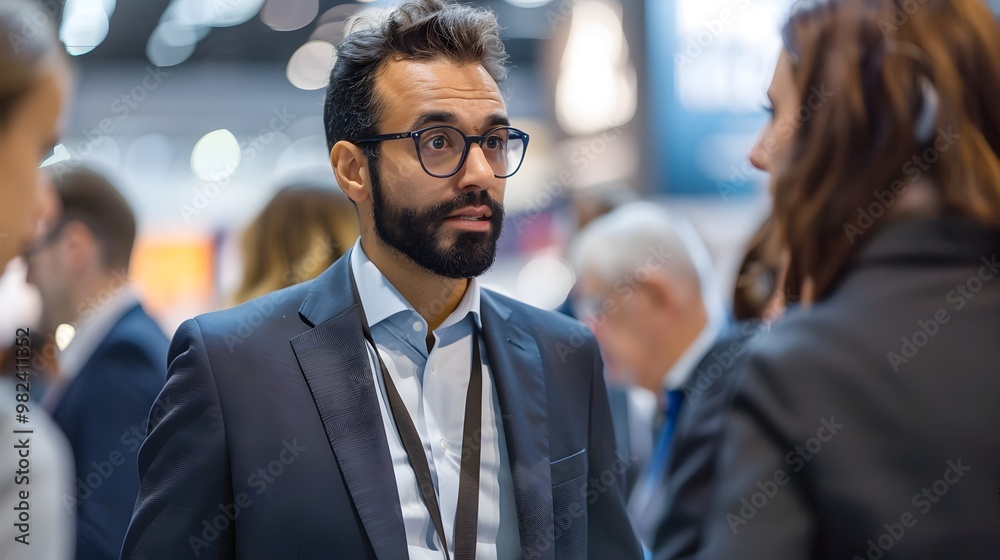 Business Executive Attending International Trade Fair Networking with Global Partners Business Executive Attending International Trade Fair Networking with Global Partners