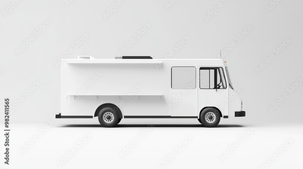 Naklejka premium A sleek, white food truck set against a plain white backdrop, offering ample space for creative design and branding visualization.