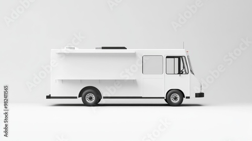 A sleek, white food truck set against a plain white backdrop, offering ample space for creative design and branding visualization.