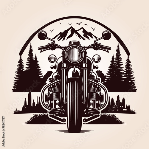Harley Motorcycle Vector Illustration With Mountain Forest